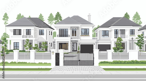 Stunning modern luxury homes with manicured lawns and elegant gated entrances offer a glimpse of upscale suburban living.