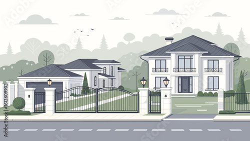Elegant modern luxury homes with manicured lawns and expansive gates, showcasing sophisticated suburban living and upscale real estate.
