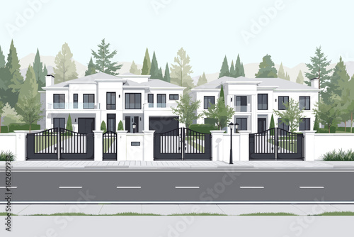 Elegant modern white luxury villas with manicured landscaping and secure gated entrances, ideal for real estate marketing or upscale lifestyle.