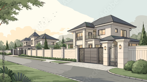 Stunning modern luxury villas with manicured gardens and grand entrances, showcasing elegant architecture and upscale living.