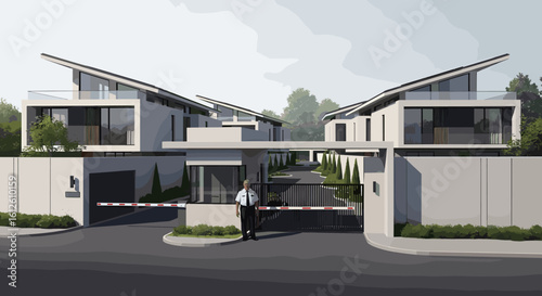 Modern gated community entrance with security guard overseeing sleek architectural homes and manicured landscaping
