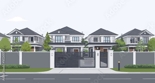 Modern suburban homes with elegant architecture and manicured landscaping create a peaceful, upscale residential street scene.