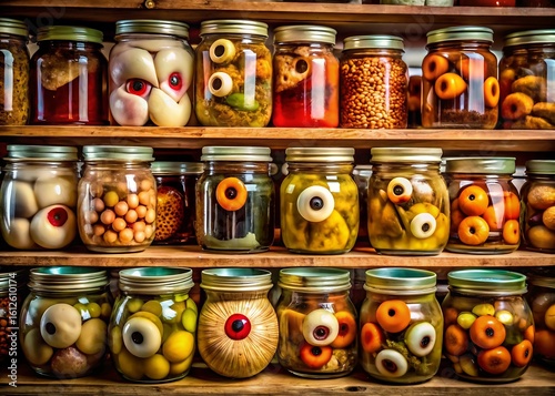 A spooky collection of glass jars filled with preserved eyeballs and other creepy halloween treats on wooden shelves