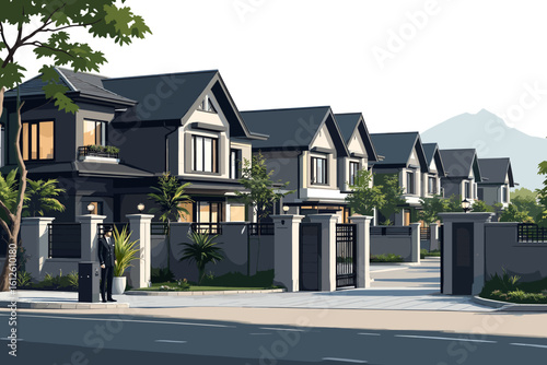 Modern gated community showcases elegant homes with security guard present, promising safe luxurious living and upscale real estate.