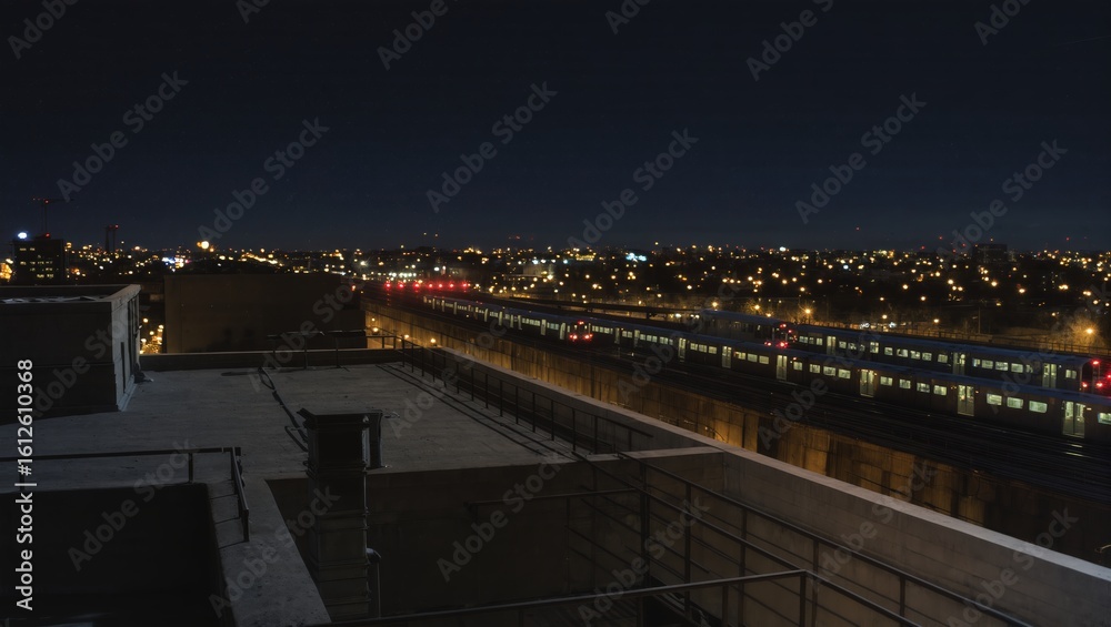 Fototapeta premium The cityscape glitters at night, as a train makes its way across the illuminated tracks. A breathtaking nighttime view of the urban landscape, featuring buildings and architecture. 