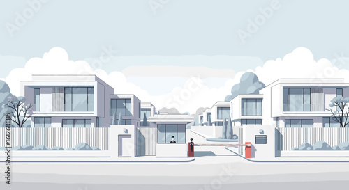 Modern gated community entrance featuring sleek white villas and security personnel, showcasing luxury living and exclusivity