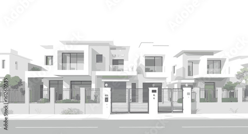 Modern white villas with sleek architecture and black metal fences line a quiet street, evoking luxury and contemporary living.