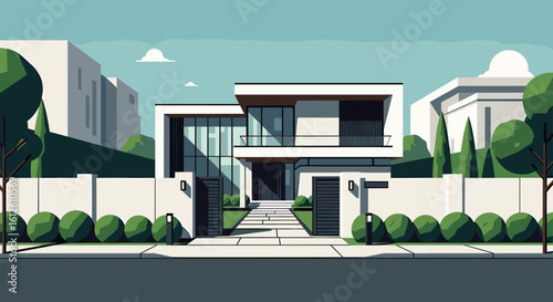 Stunning modern luxury residence with sharp architectural lines and manicured landscaping under a clear blue sky