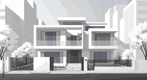 Stunning modern white villa showcasing sleek architecture, large windows, and minimalist landscaping with mature trees