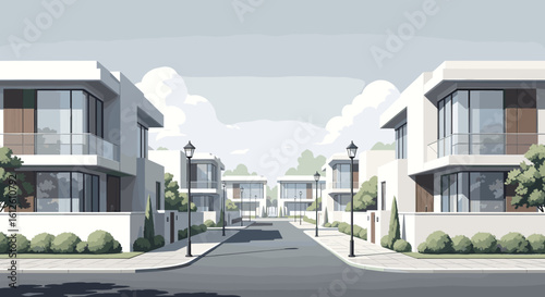 Modern minimalist villas line a clean suburban street with manicured landscaping and clear skies