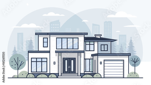 Stunning modern architectural home design with clean lines and large windows, showcasing suburban elegance and contemporary living.