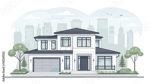 Stunning modern luxury home with city skyline backdrop, perfect for real estate or lifestyle projects