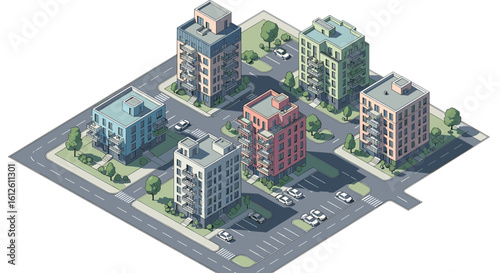 Vibrant isometric city block featuring modern colorful apartment buildings and parked cars on a sunny day