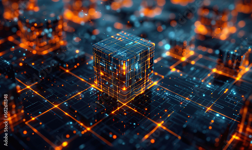 A high-tech image depicting glowing digital cubes in a network. Generate AI