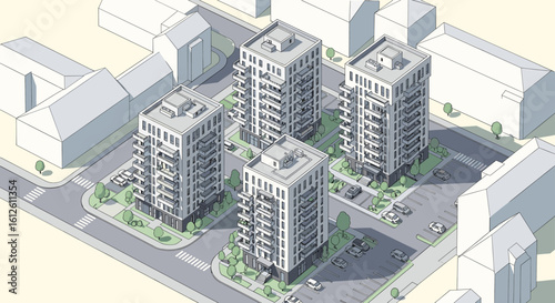 Modern apartment complex with balconies and parking lot, showcasing urban living and contemporary architecture in a clean isometric view.