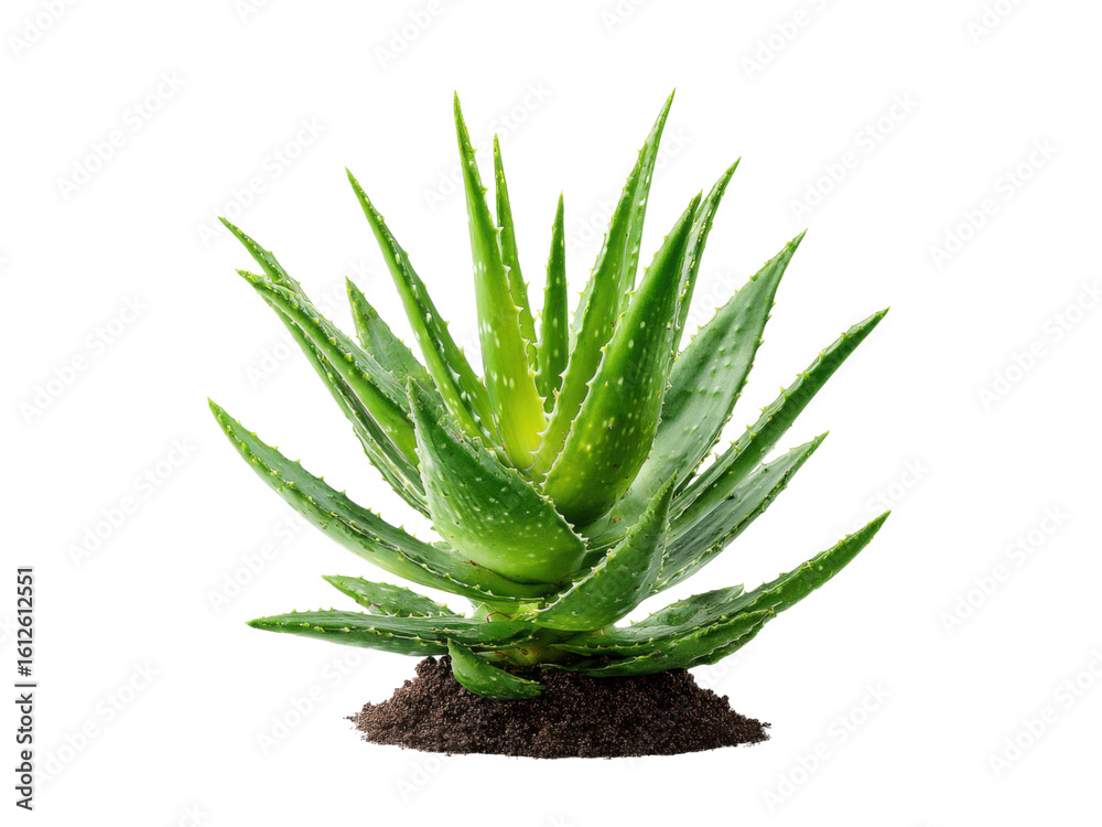 Fototapeta premium Vibrant green aloe plant with sharp pointed leaves growing from rich soil spiky, Isolated, Png Transparent Background