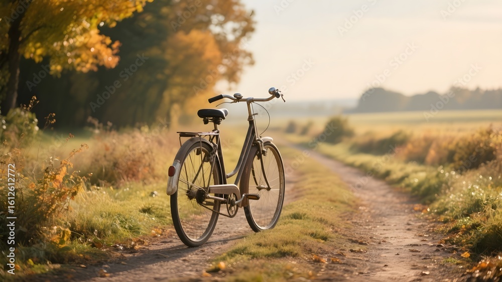Obraz premium A bicycle rests on a serene, sunlit rural path surrounded by autumn foliage.