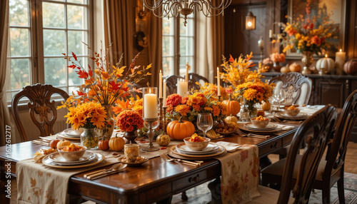 Beautifully decorated dining table for a Thanksgiving celebration