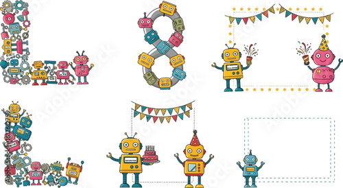 Robot themed birthday party invitation templates for kids and digital scrapbooking use