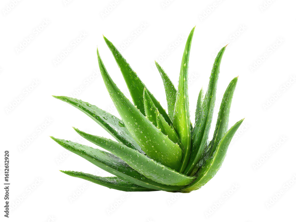 Fototapeta premium Vibrant green aloe vera plant with glistening water droplets succulent, Isolated, Png Transparent Background