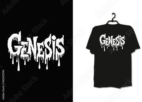 Genesis Drip Font T-Shirt Design – Stylized White Melting Typography on Black Apparel for Minimal Streetwear and Abstract Branding