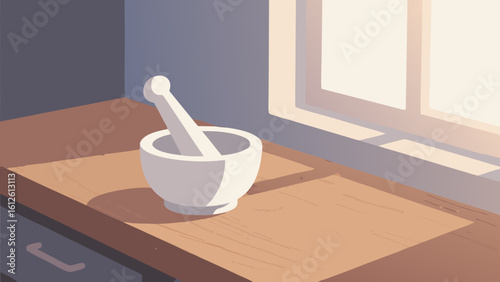 Illustration of a mortar and pestle on a wooden surface near a window