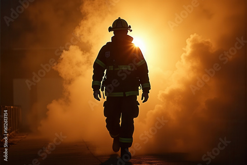 Dramatic silhouette of a firefighter walking through dense smoke