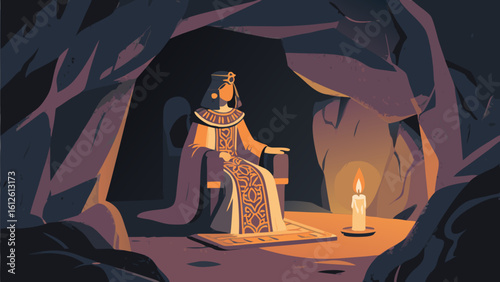 Illustration of a queen sitting on her throne inside a dark cave with a candle