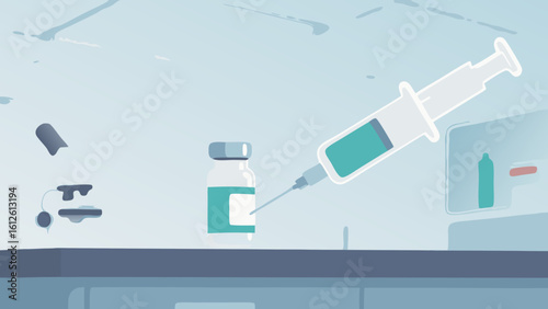 Illustration of a syringe injecting medicine from a vial in a laboratory setting.