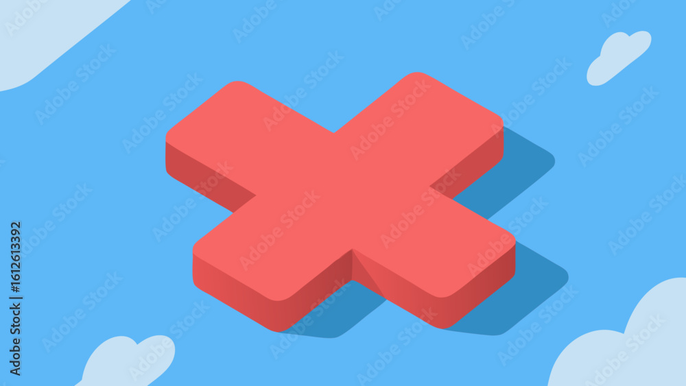Fototapeta premium Red isometric cross symbol illustration set against a blue sky with clouds