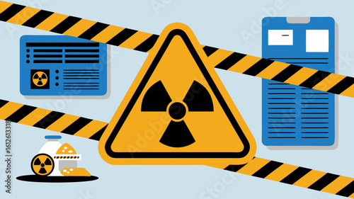 Illustration of radioactive materials with warning signs and digital devices on a light background