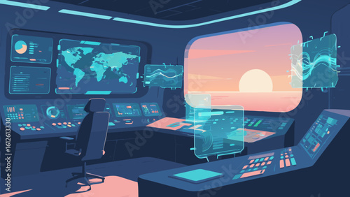 Interior of a futuristic control room with screens displaying data and a scenic view