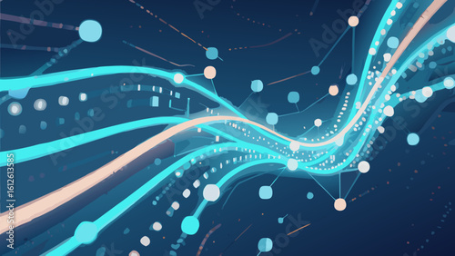 Abstract digital network design with flowing lines and connected data points illustration
