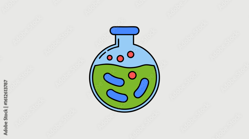 Obraz premium Colorful illustration of a science flask with bacteria, bubbles, and a green liquid.
