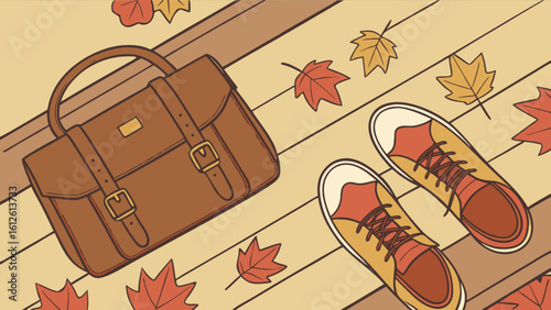 Fall fashion accessories flat lay illustration featuring a brown bag shoes and autumn leaves design