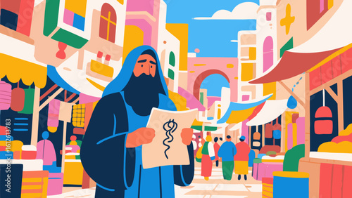 Colorful illustration depicting a merchant in a bustling marketplace with vibrant buildings.