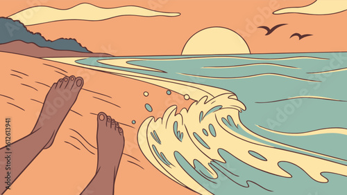 Beach vacation travel scene with feet in sand ocean waves and sunset summer holiday vector illustration art