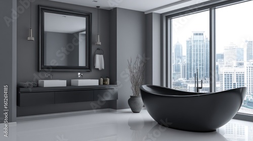 Fototapeta Naklejka Na Ścianę i Meble -  Modern bathroom with a black freestanding bathtub and city view.