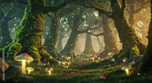 Enchanted Forest Scene with Glowing Mushrooms and Mossy Trees