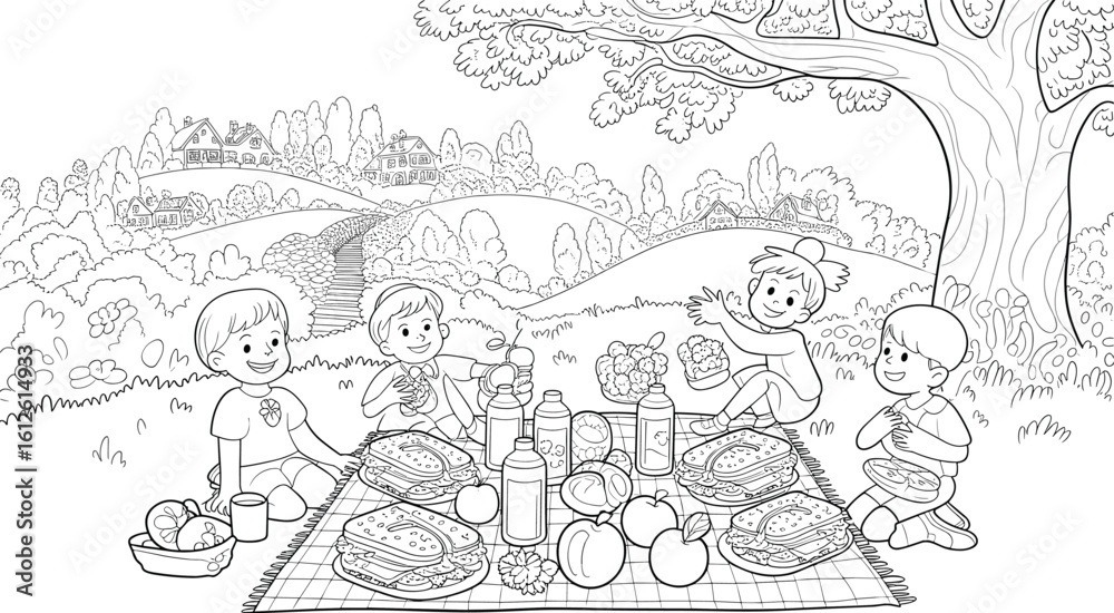 Fototapeta premium Children having countryside picnic under tree—vector illustration with food, nature scenery, and joyful activity for educational, seasonal, and lifestyle design use