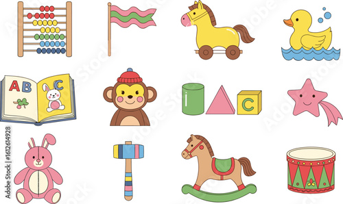Colorful kids toy vector set—rubber duck, plush bunny, rocking horse, abacus, monkey figure, alphabet book, shapes and drum, playful educational illustration