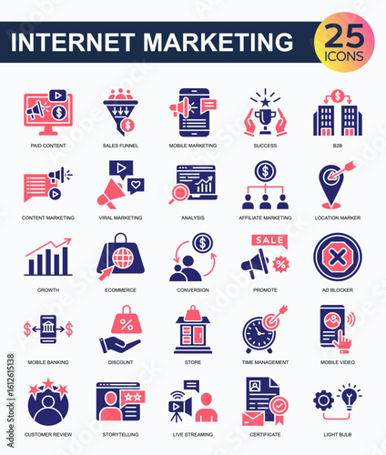 Internet Marketing icon collection set. Containing paid content, sales funnel, mobile Marketing, b2b, content Marketing, affiliate Marketing, customer review icon. Simple color fill vector.