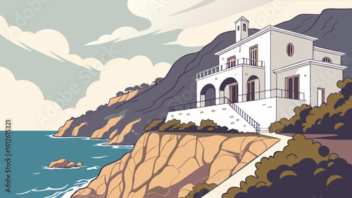 Luxury coastal villa illustration, mediterranean sea view, cliffside home, vacation rental, scenic landscape