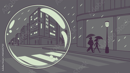 Cityscape bubble view rainy day urban scene with people umbrellas and streetlights vector illustration