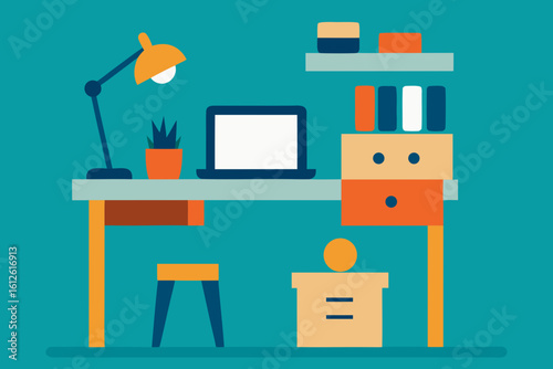 Modern flat design of a home office desk with a laptop and lamp