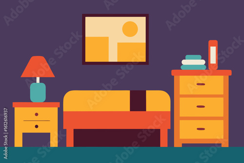 Cozy bedroom scene with a bed nightstand dresser and framed art