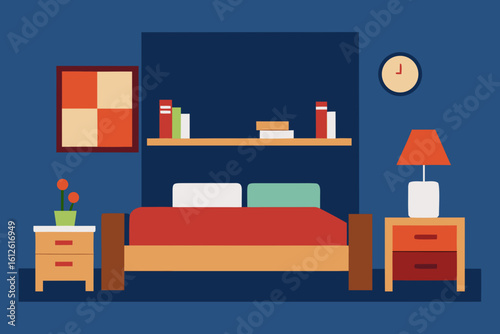 Cozy bedroom scene with bed nightstands shelf and clock