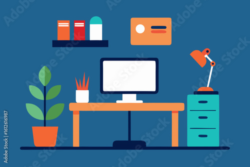 Modern flat design illustration of a home office desk with computer and plants