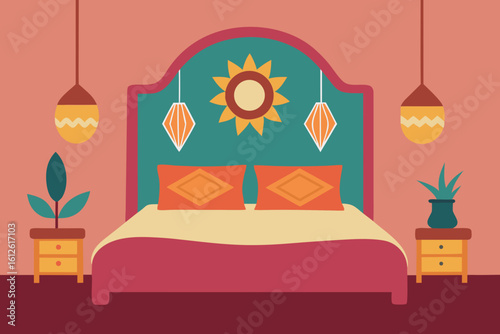 Cozy bedroom with boho inspired decor and warm color palette