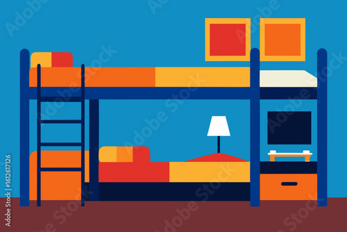 Modern colorful bunk bed with ladder and bedside table in a blue room